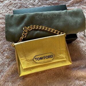 TOM FORD - Label Lizard-effect Metallic Leather Clutch - Gold. Worn once
